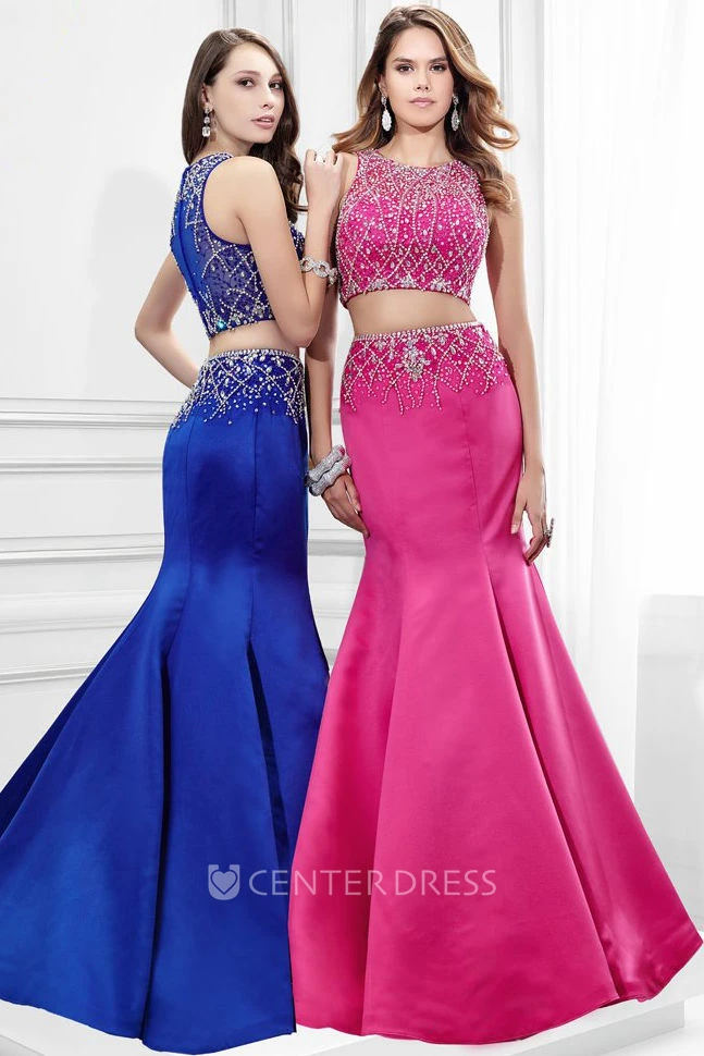 Mermaid Maxi Sleeveless Scoop Neck Beaded Satin Prom Dress
