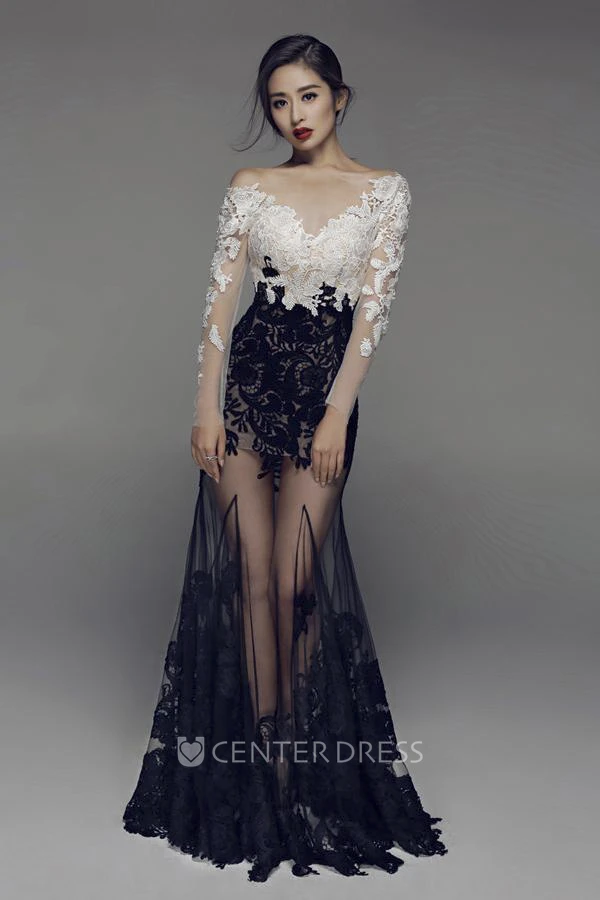 Appliqued Sexy Mermaid Illusion Long Sleeve Two Tune Dress