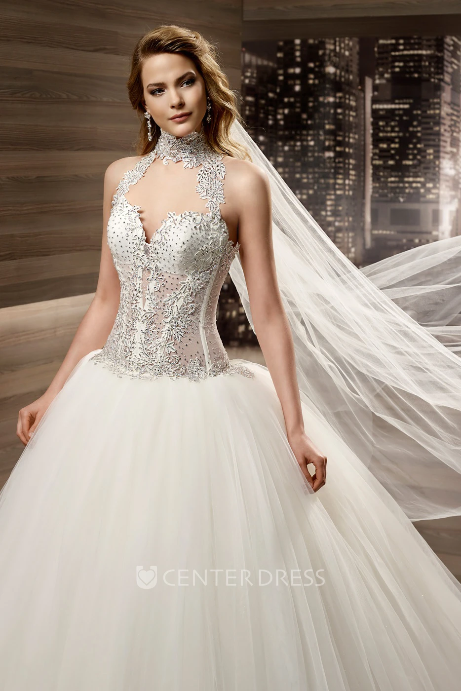 High-Neck Keyhole A-Line Bridal Gown With Beaded Bodice And Pleated Skirt