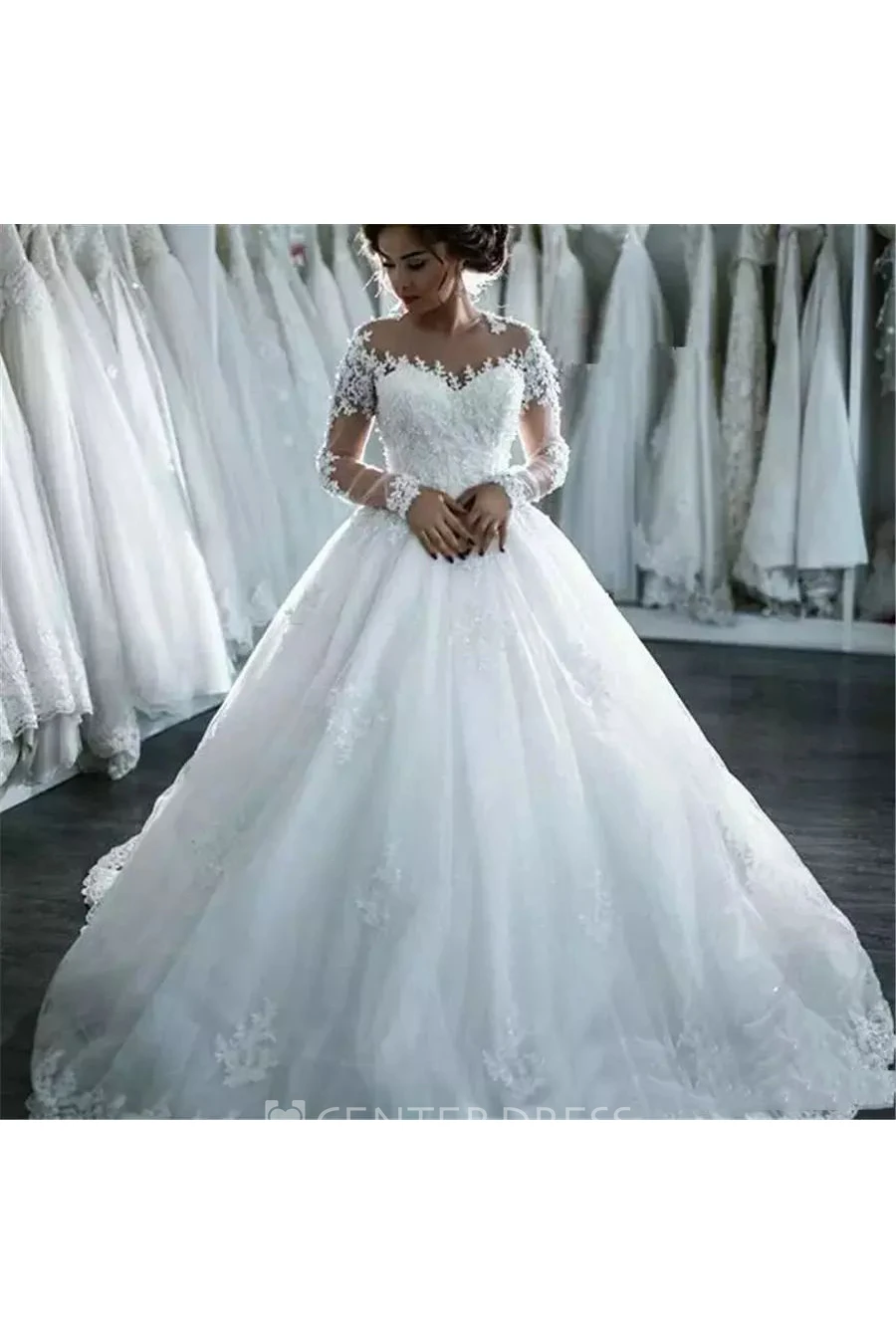 Sleeveless Jewel A-Line Ball Gown Lace Tulle Zipper Illusion Wedding Dress