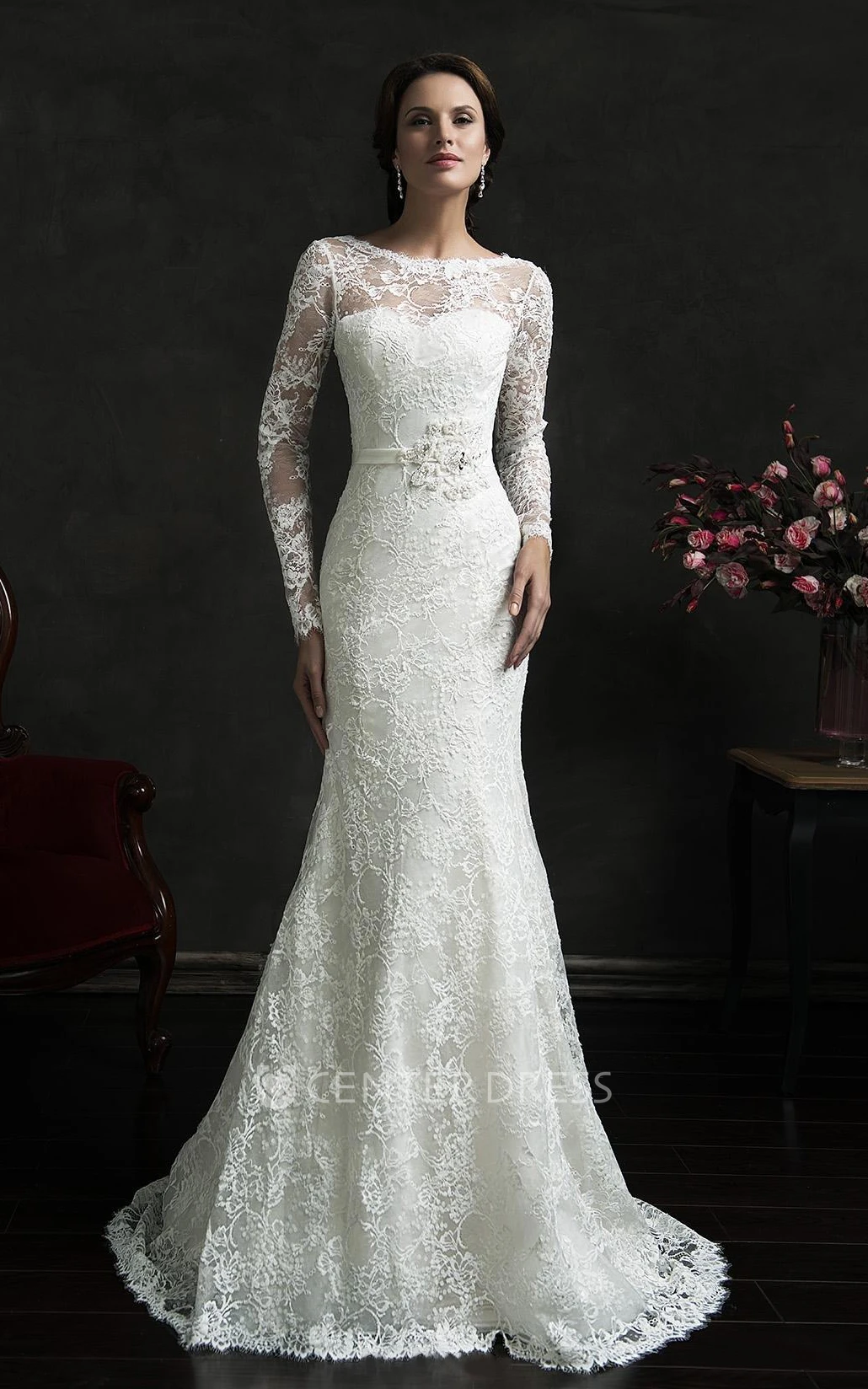 Mermaid Long Sleeve Wedding Dresses Lace Appliques Court Train