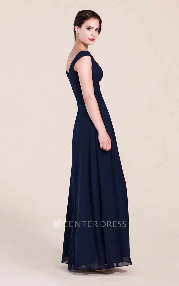 V-neck Off-shoulder A-line Chiffon Bridesmaid Dress With Ruchings