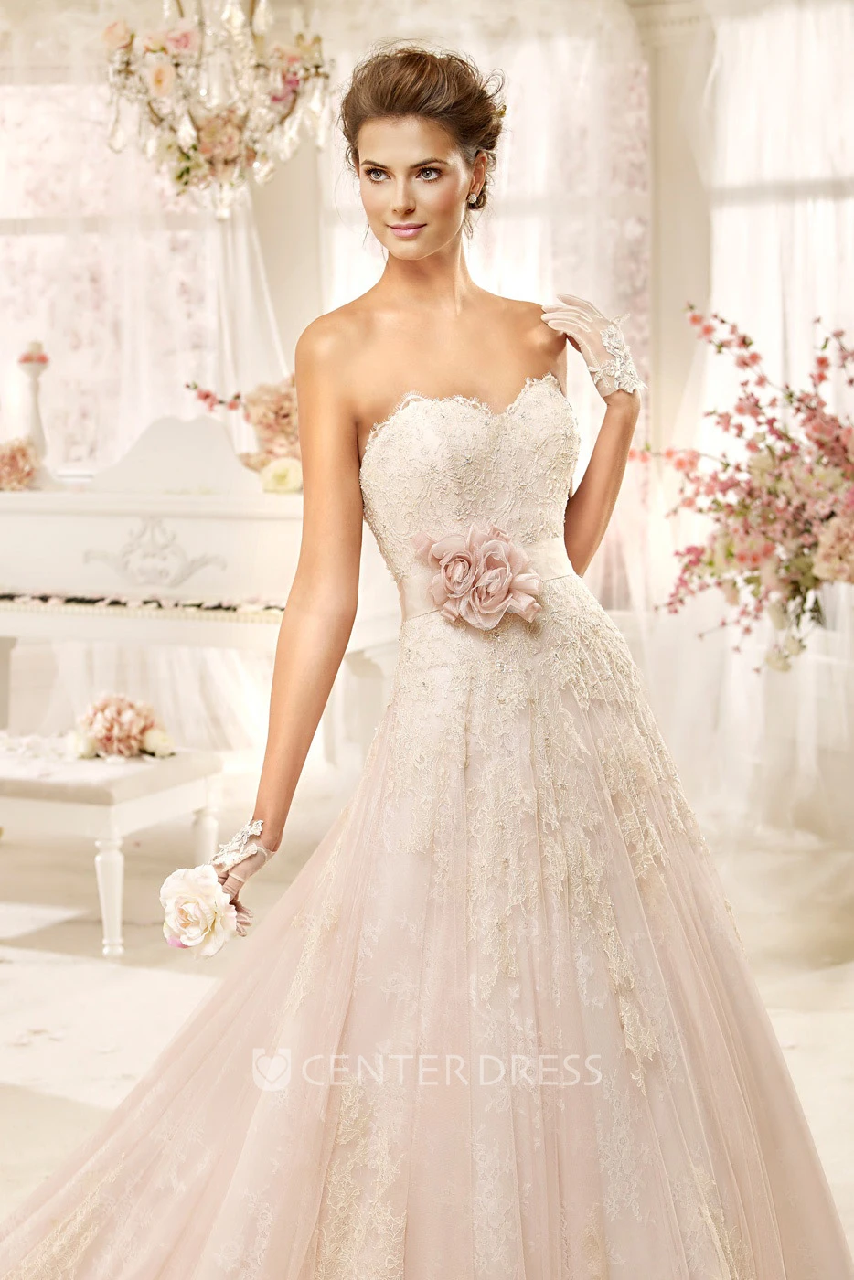 Sweetheart A-line Lace Long Dress with Flower Sash and Appliques