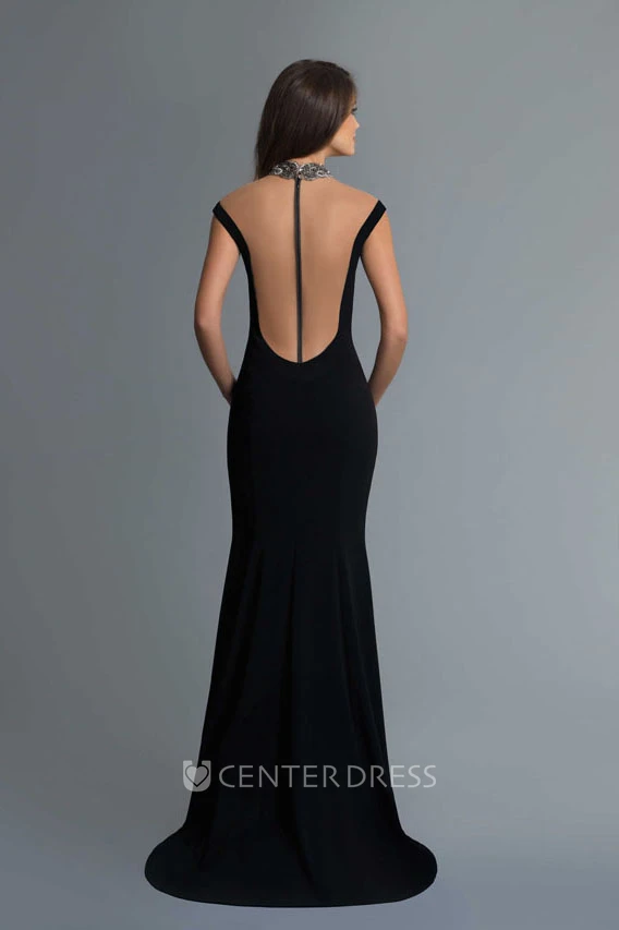 Sheath Long V-Neck Sleeveless Jersey Illusion Dress With Split Front