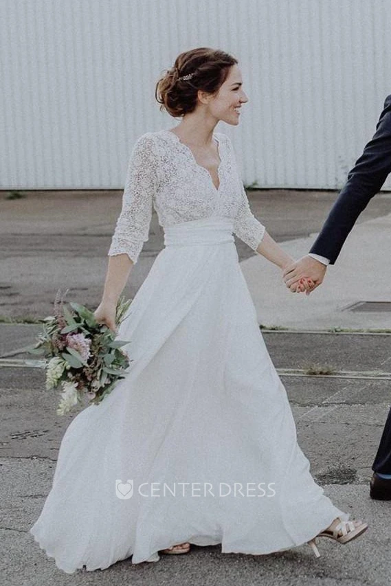 Ethereal Chiffon and Lace Scalloped Plunging Bridal Gown