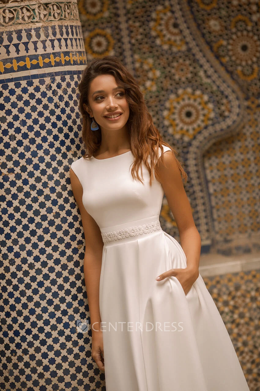 Satin Bateau Neckline With Cap Sleeve Elegant Warm Wedding Dress With V-back And Sash Details