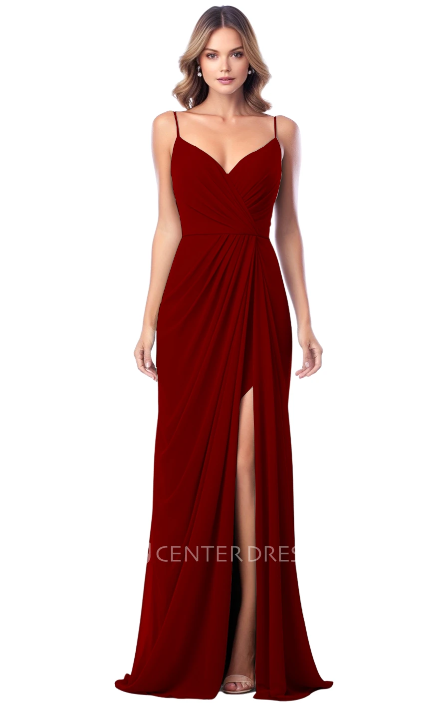 A-Line Satin V-neck Split Bridesmaid Dress Simple & Elegant