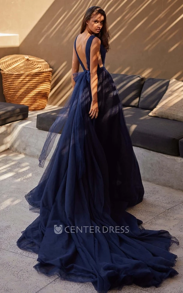 Casual A Line Tulle Sleeveless Evening Dress with Split Front