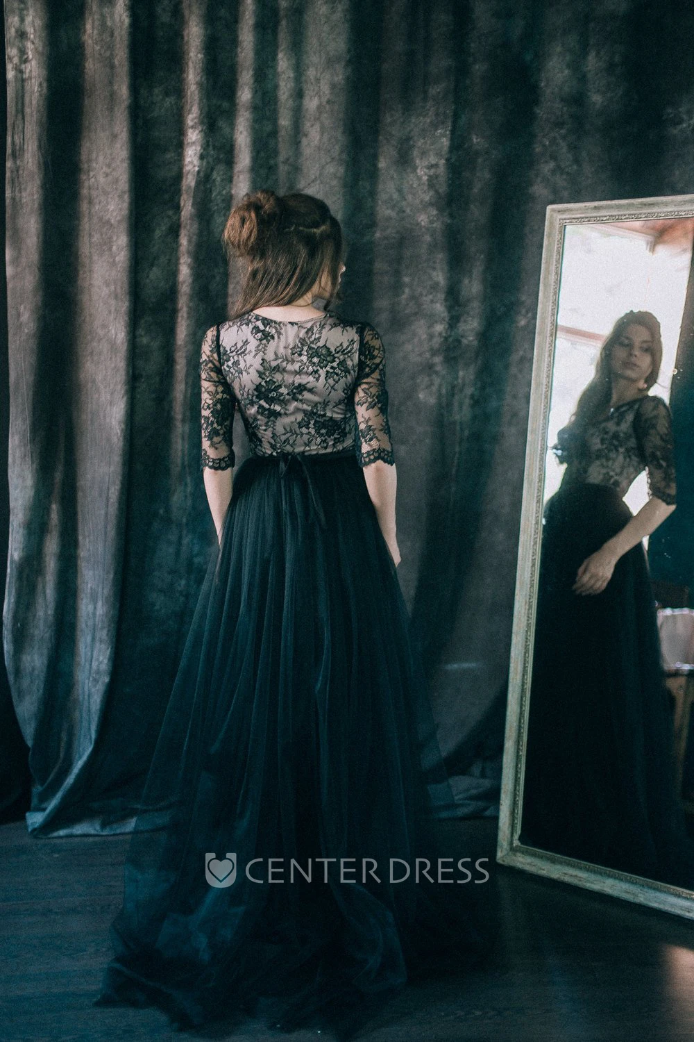 Sheath Long Sleeve Floor-length V-neck Illusion Low-V Back Lace Black Wedding Dress