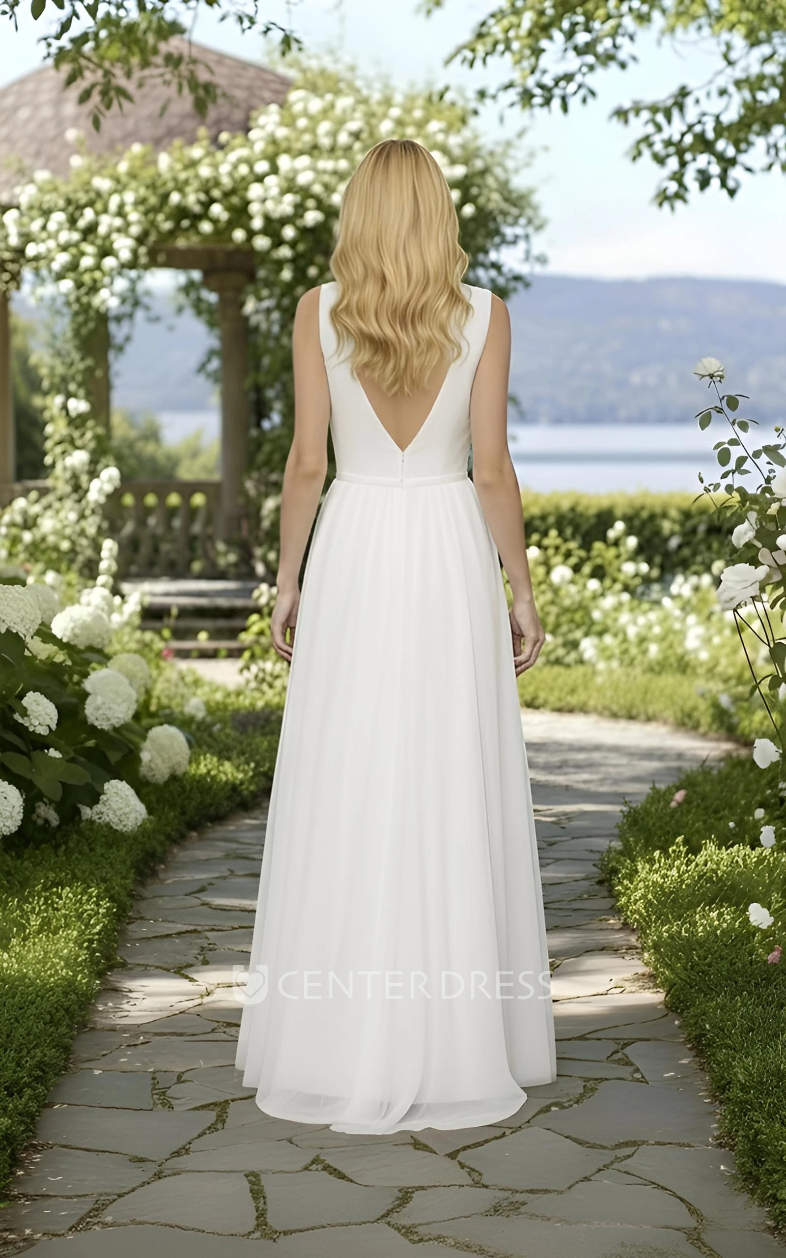 A-Line Lace Sleeveless Wedding Dress V-Neck Chiffon Gown for Garden & Outdoor Wedddings