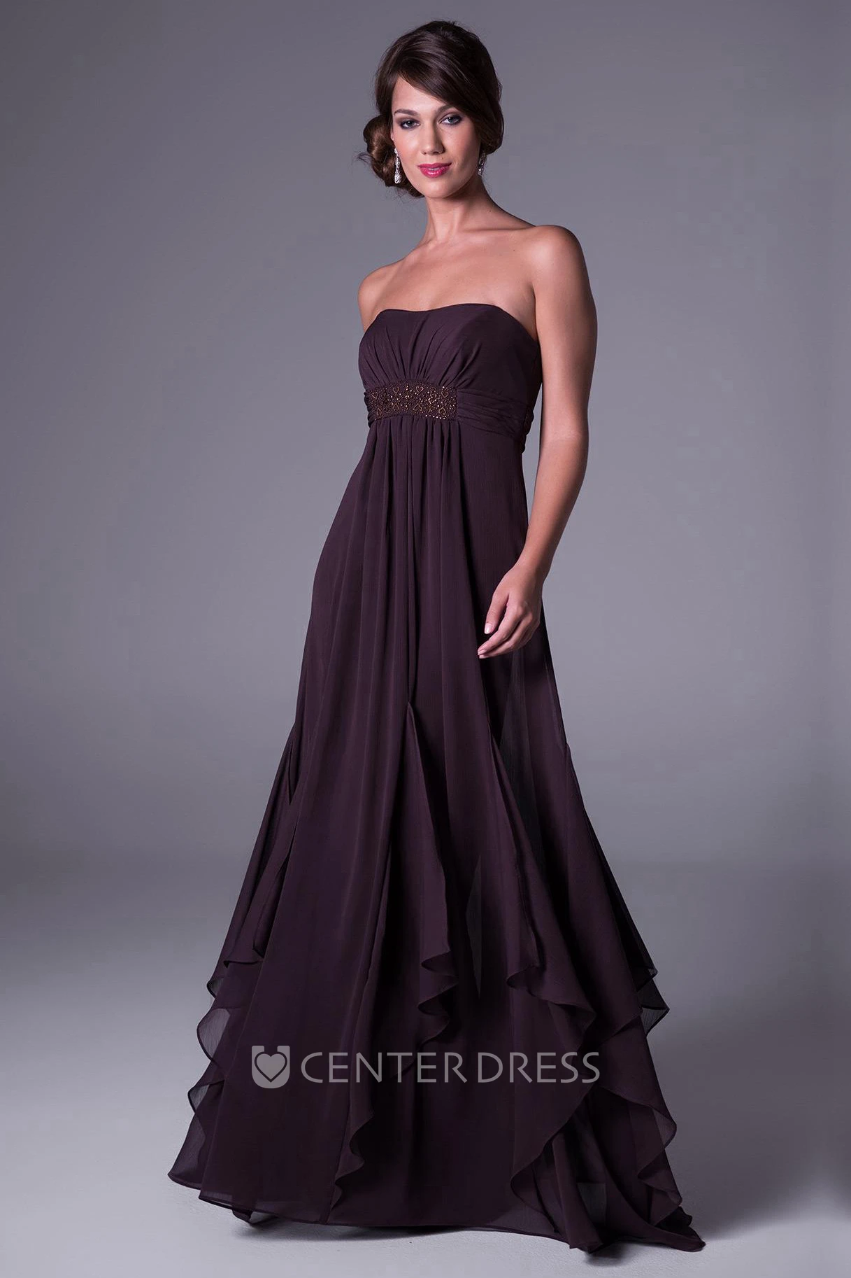 A-Line Draped Sleeveless Floor-Length Strapless Empire Chiffon Bridesmaid Dress With Waist Jewellery