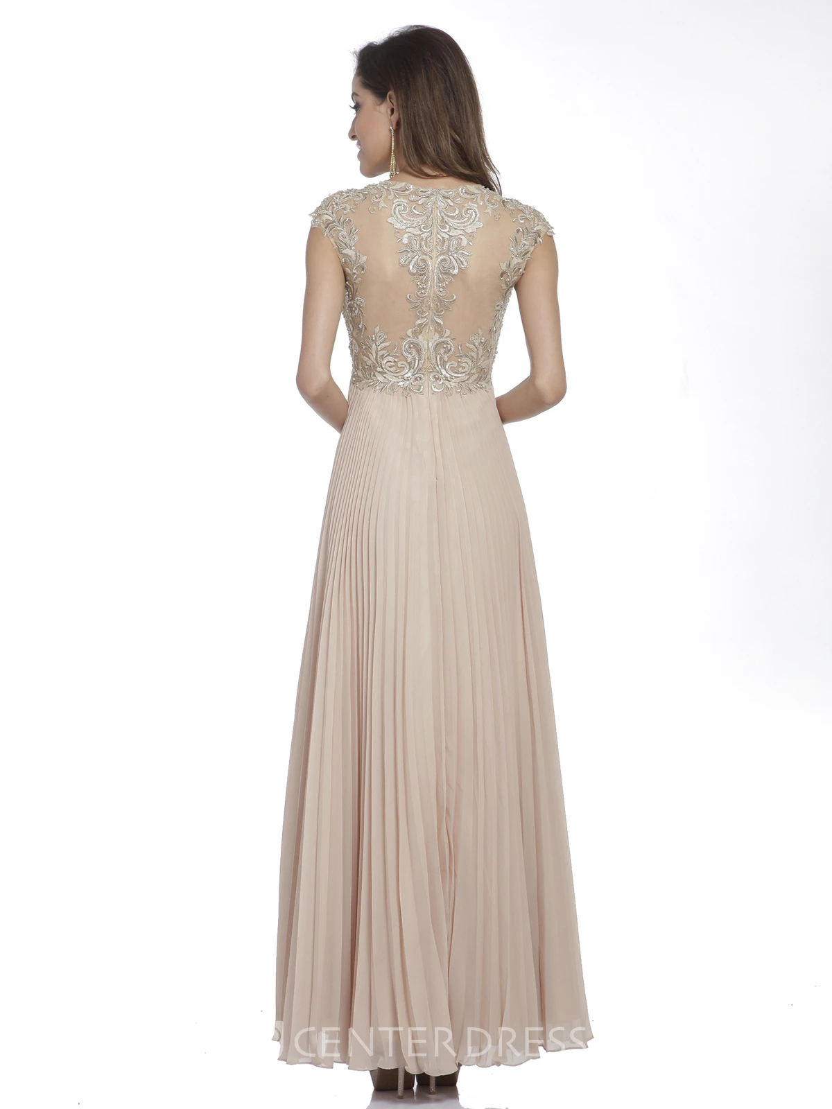 A-Line Ankle-Length Scoop-Neck Cap-Sleeve Empire Chiffon Illusion Dress With Beading And Pleats