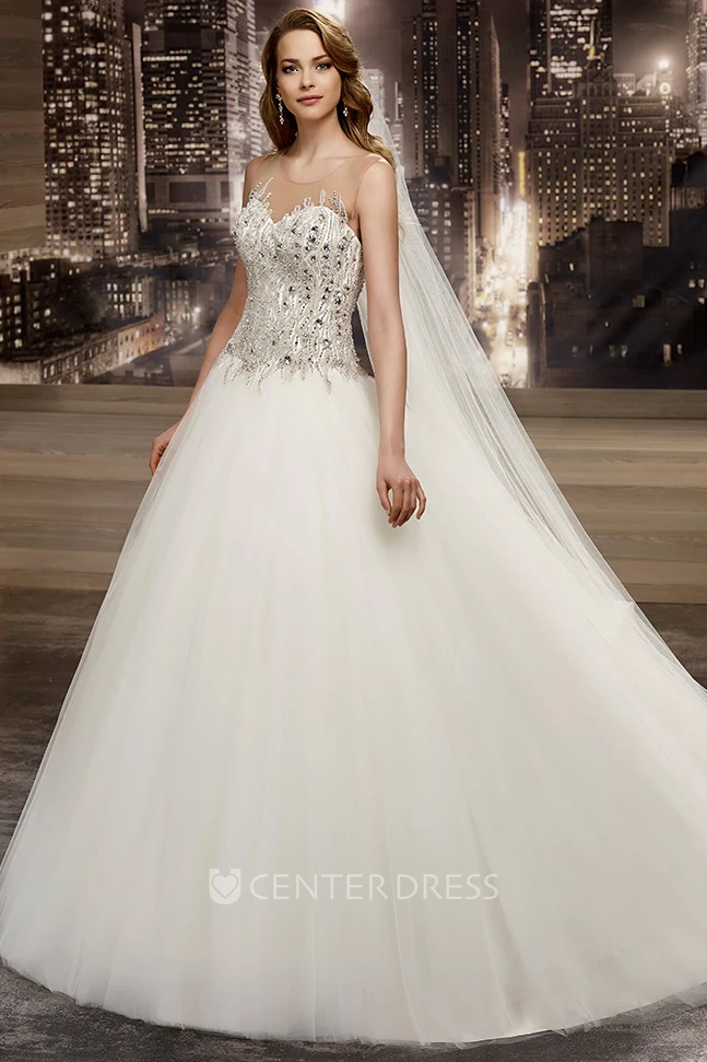 Illusion Cap sleeve Beaded A-line Wedding Dress with Jewel Neck
