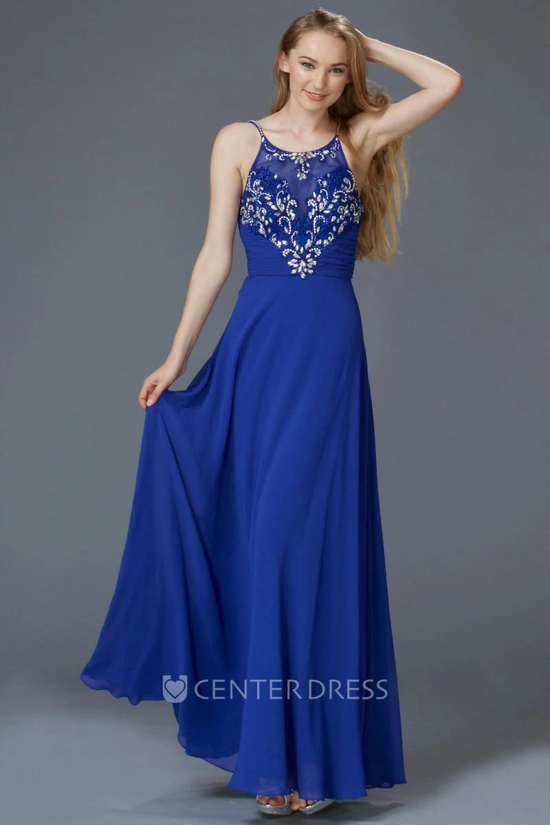 Sheath Floor-Length Spaghetti Sleeveless Chiffon Zipper Dress With Beading