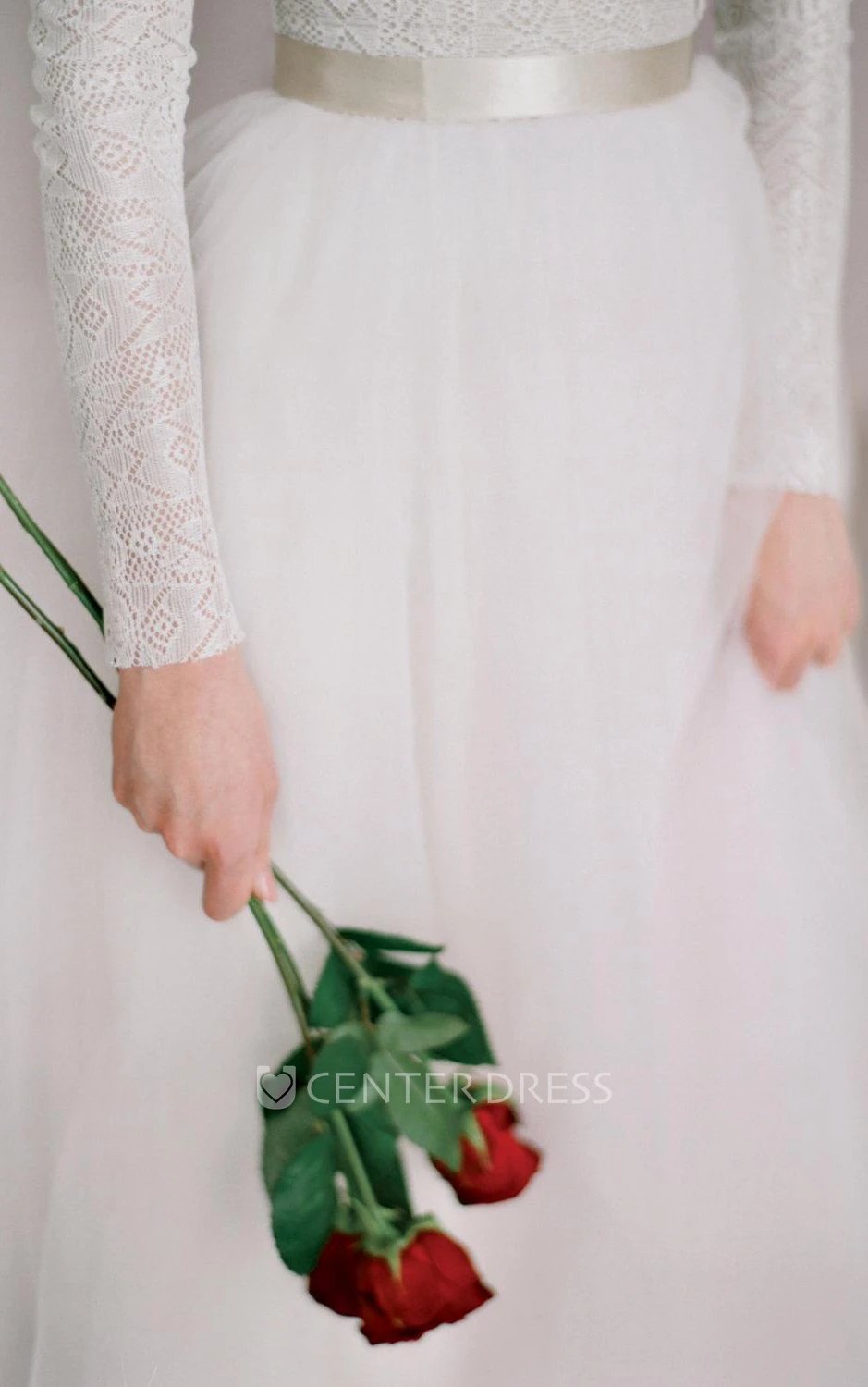 Modest Jewel Neck Long Sleeve A-Line Tulle Warm Wedding Dress