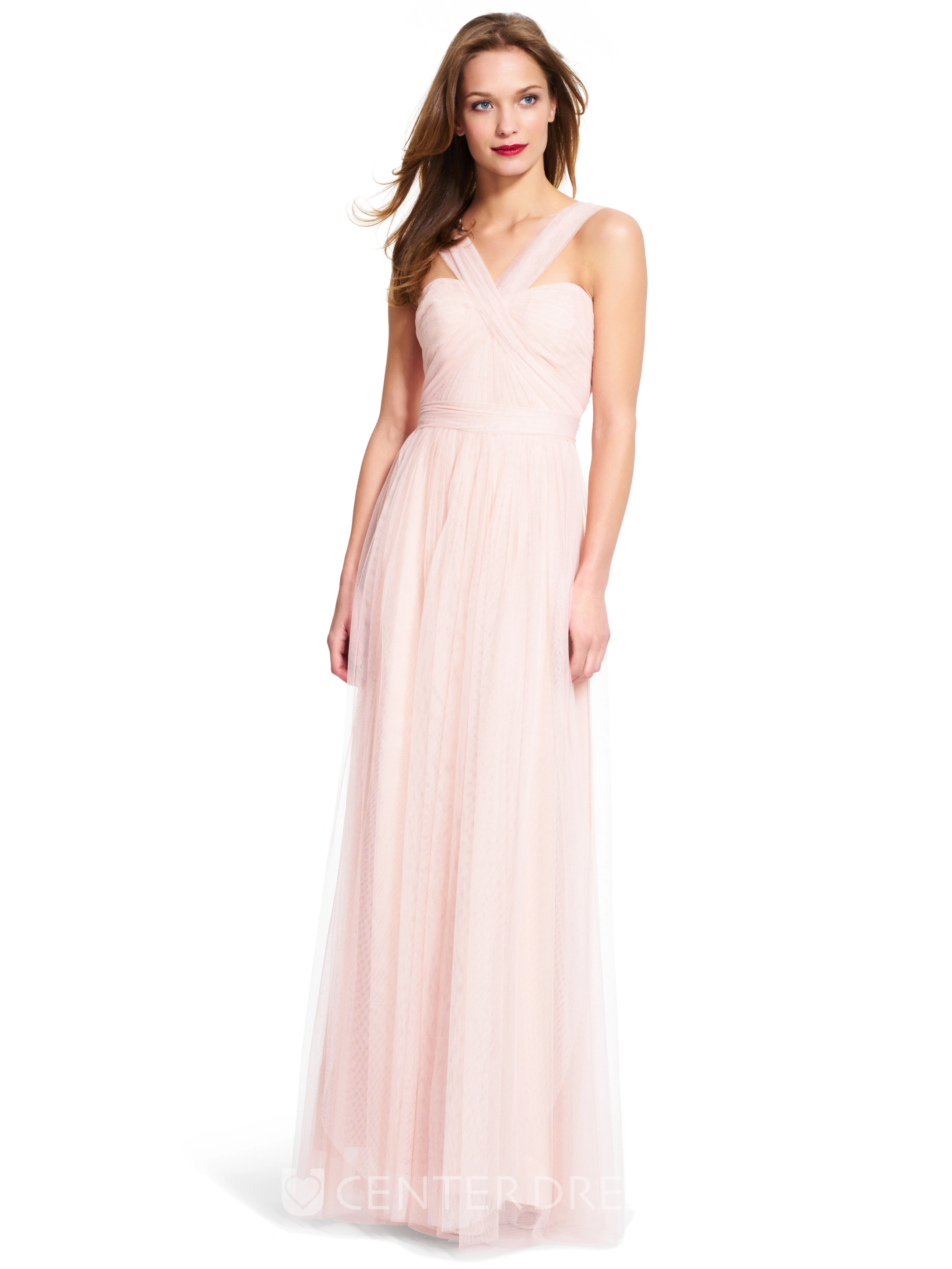Sheath Strapped Maxi Sleeveless Tulle Bridesmaid Dress With Ruching And Zipper
