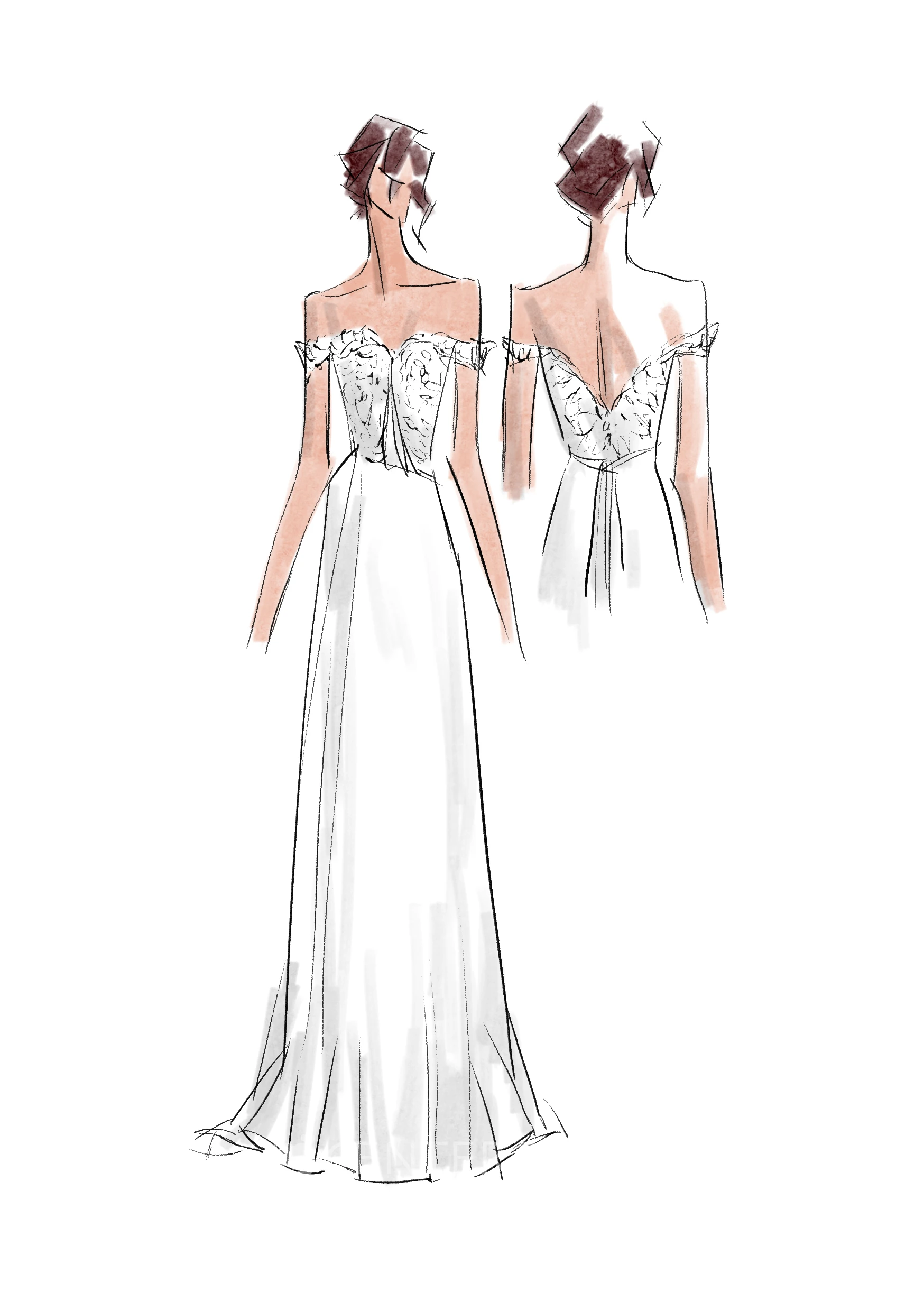 A Line Off-the-shoulder Chiffon Lace Zipper Wedding Gown