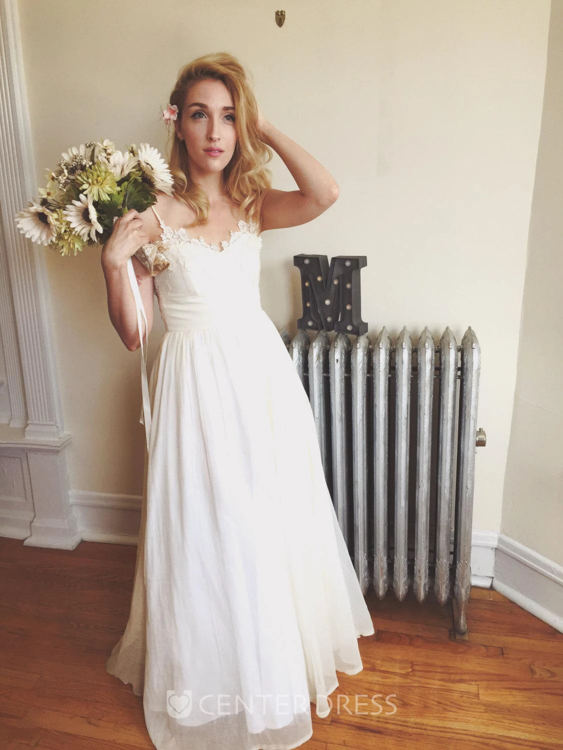Bohemian Backless Spaghetti Strap Pleated A-Line Long Chiffon Dress Wedding Dress