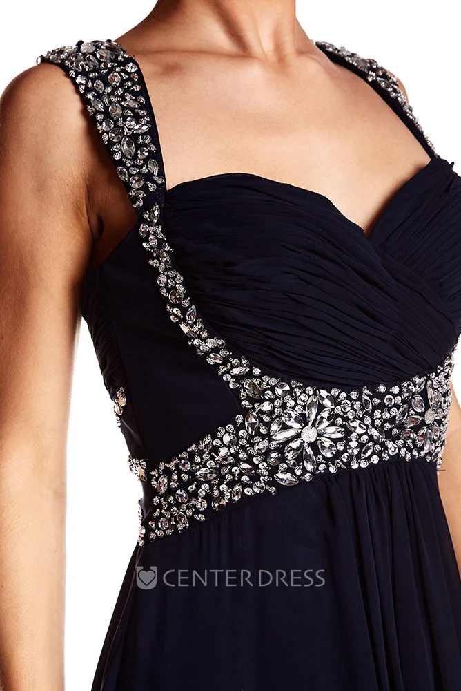 Sleeveless Beaded Strapped Chiffon Prom Dress With Criss Cross