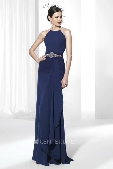 Sheath Scoop-Neck Long Jeweled Sleeveless Jersey Prom Dress With Draping