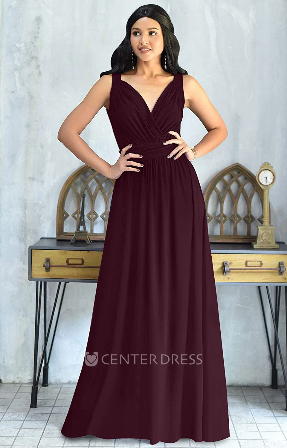 Sexy Chiffon Floor-length V-neck A Line Sleeveless Bridesmaid Dress With Ruching