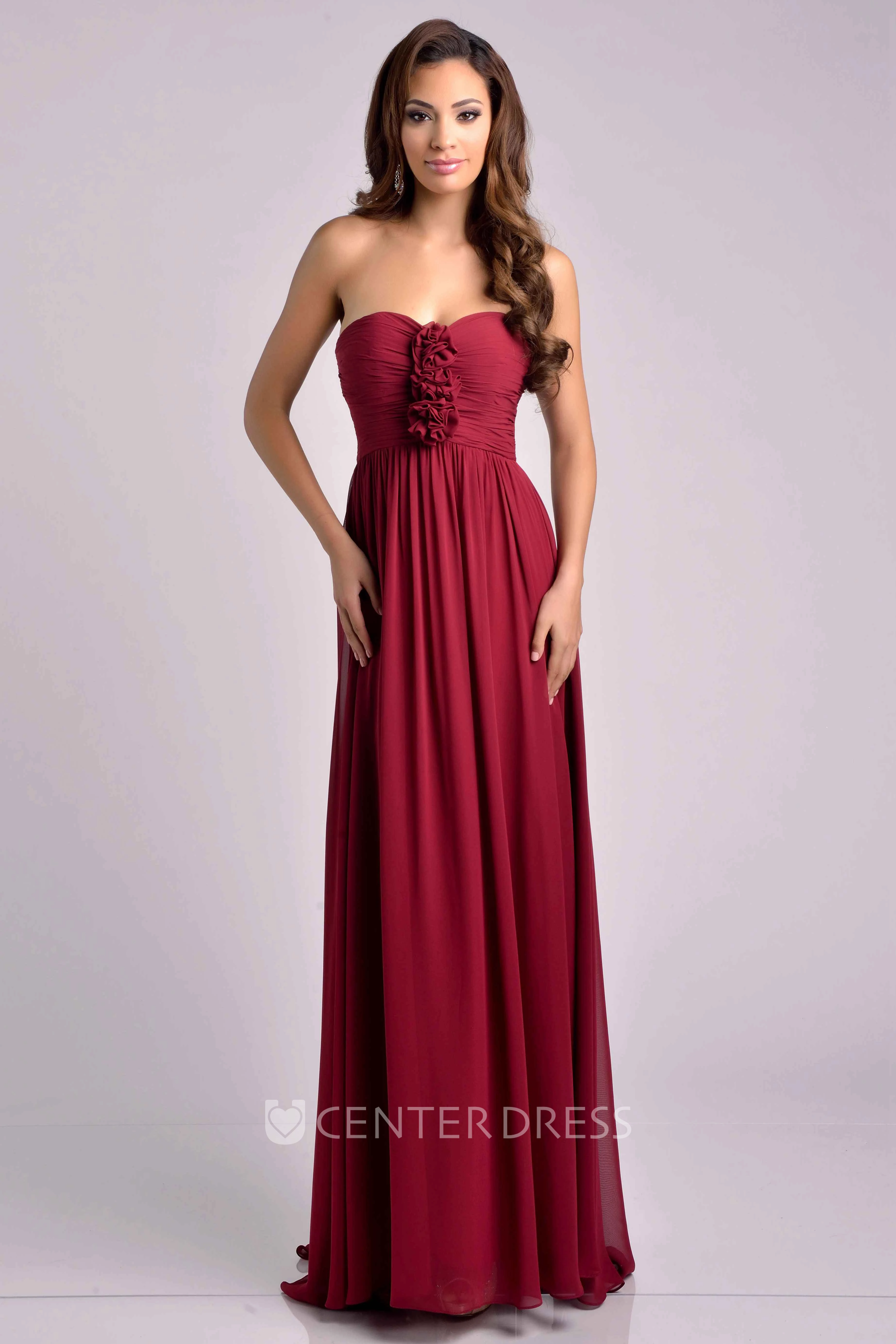Sweetheart Pleated Empire Chiffon Bridesmaid Dress With Floral Detailing