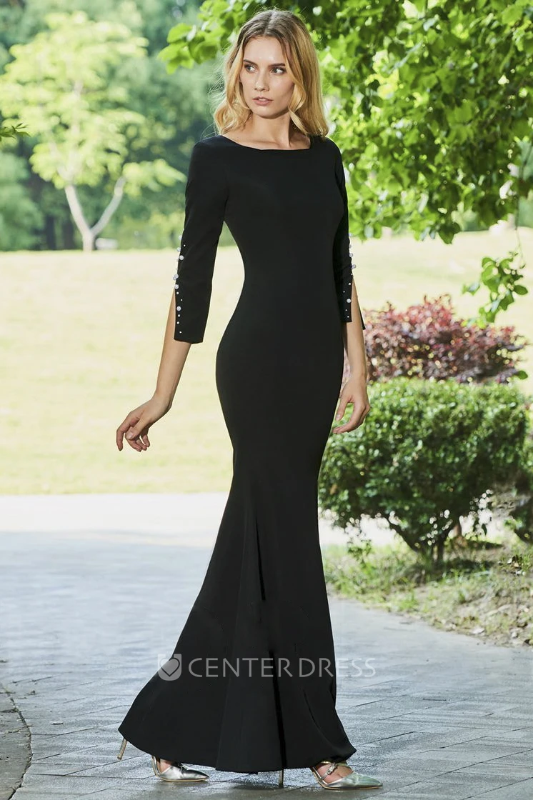 Mermaid Spandex Modest Bateau Floor-length 3/4 Sleeve Dress With Pearls