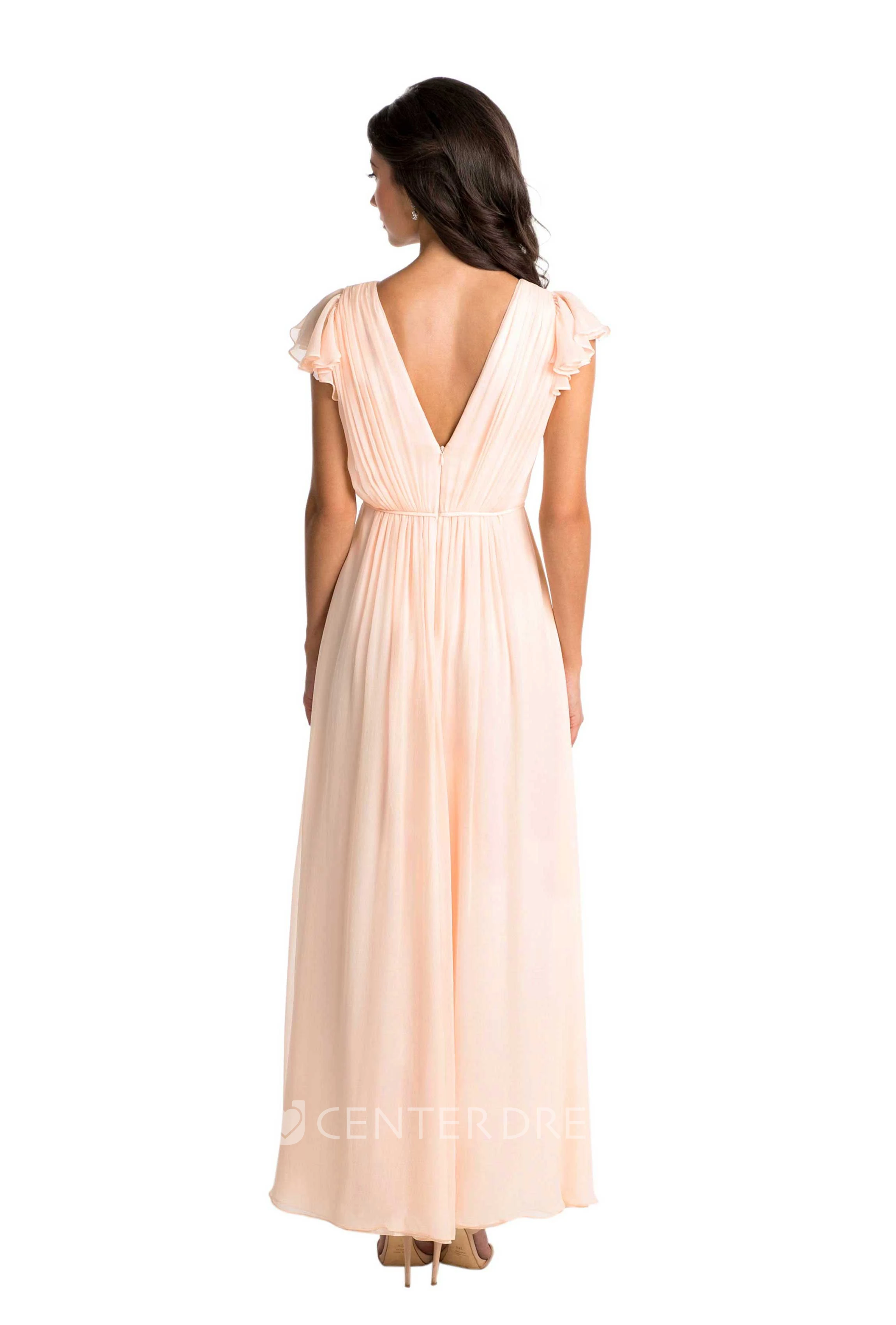 High-Low Cap Sleeve Ruched V-Neck Chiffon Muti-Color Convertible Bridesmaid Dress