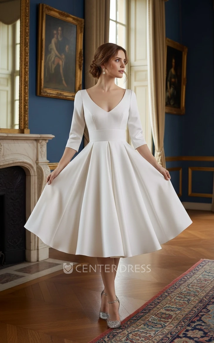 Vintage A-Line Satin Spring Wedding Dress V-neck Knee-length Simple Elegant Garden Beach 2026 Women