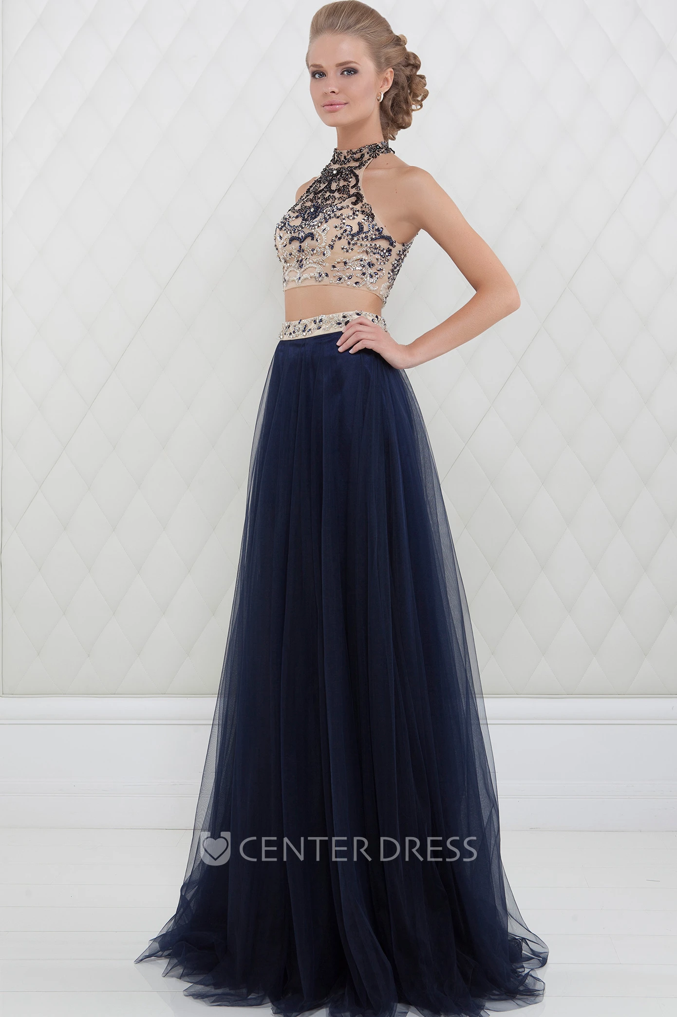 A-Line High-Neck Maxi Beaded Sleeveless Tulle Prom Dress