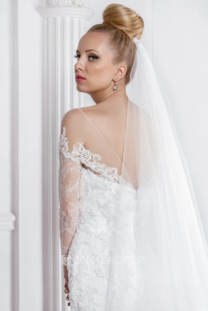 Mermaid Appliqued Bateau Neck Long Sleeve Lace Spring Wedding Dress