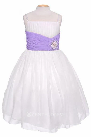 Tea-Length Spaghetti Pleated Chiffon&Sequins Flower Girl Dress With Tiers