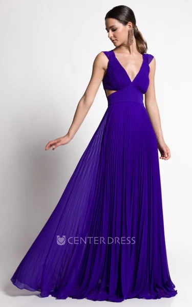 Vintage V-neck Chiffon A Line Prom Dress with Pleats