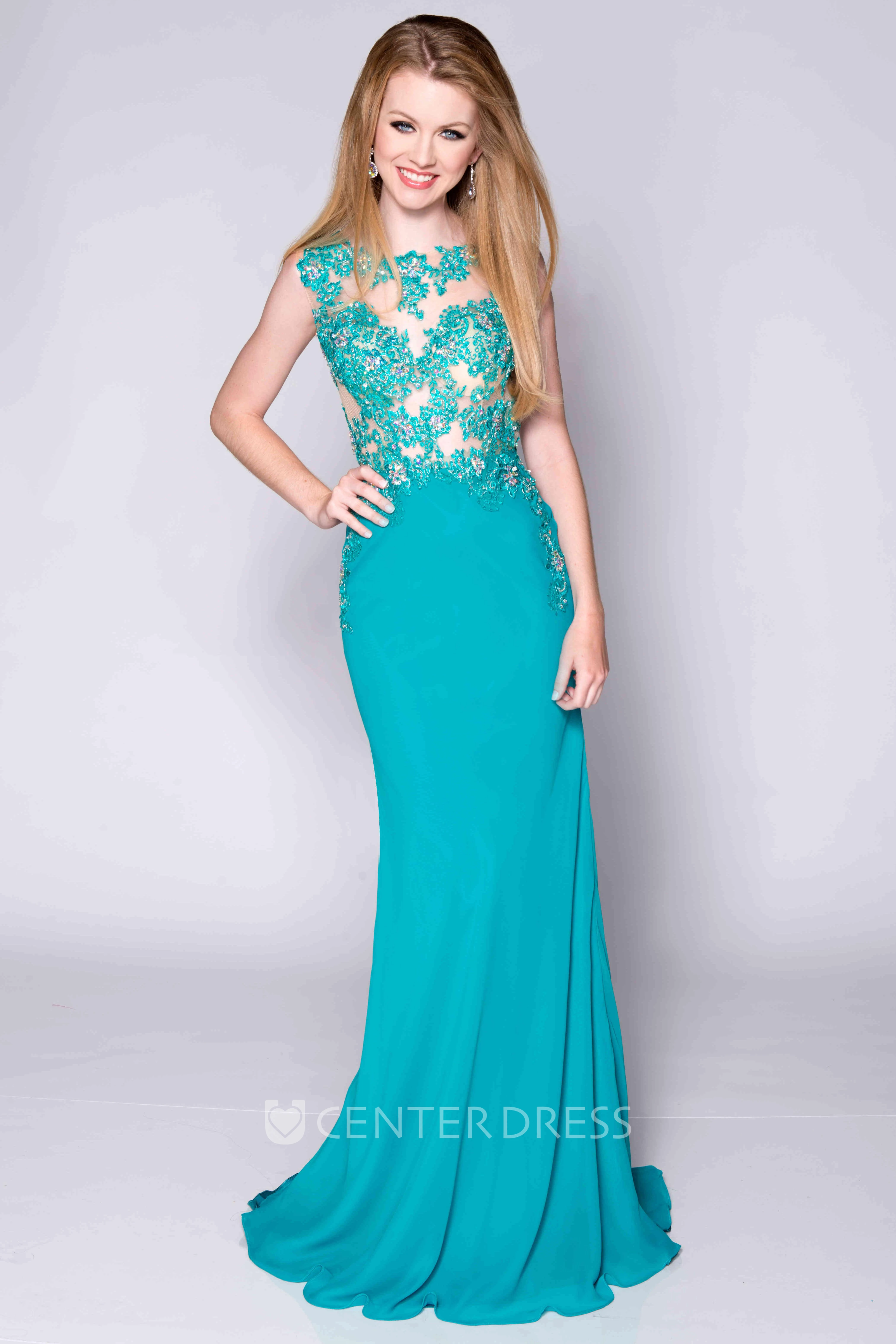Sleeveless Lace And Jersey Prom Dress Featuring Keyhole Back