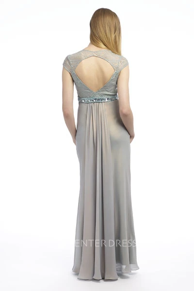Cap-Sleeve Jeweled Floor-Length V-Neck Chiffon Prom Dress With Lace And Ruching