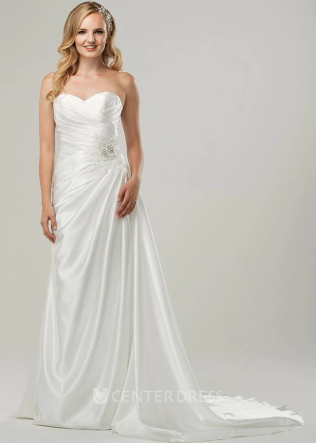 Sheath Floor-Length Sweetheart Jeweled Satin Wedding Dress With Criss Cross And Corset Back