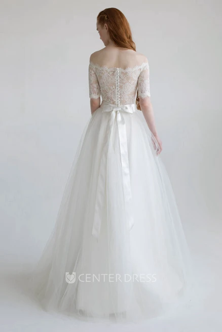 Ball Gown Floor-Length Appliqued Short-Sleeve Off-The-Shoulder Tulle&Satin Spring Wedding Dress With Bow