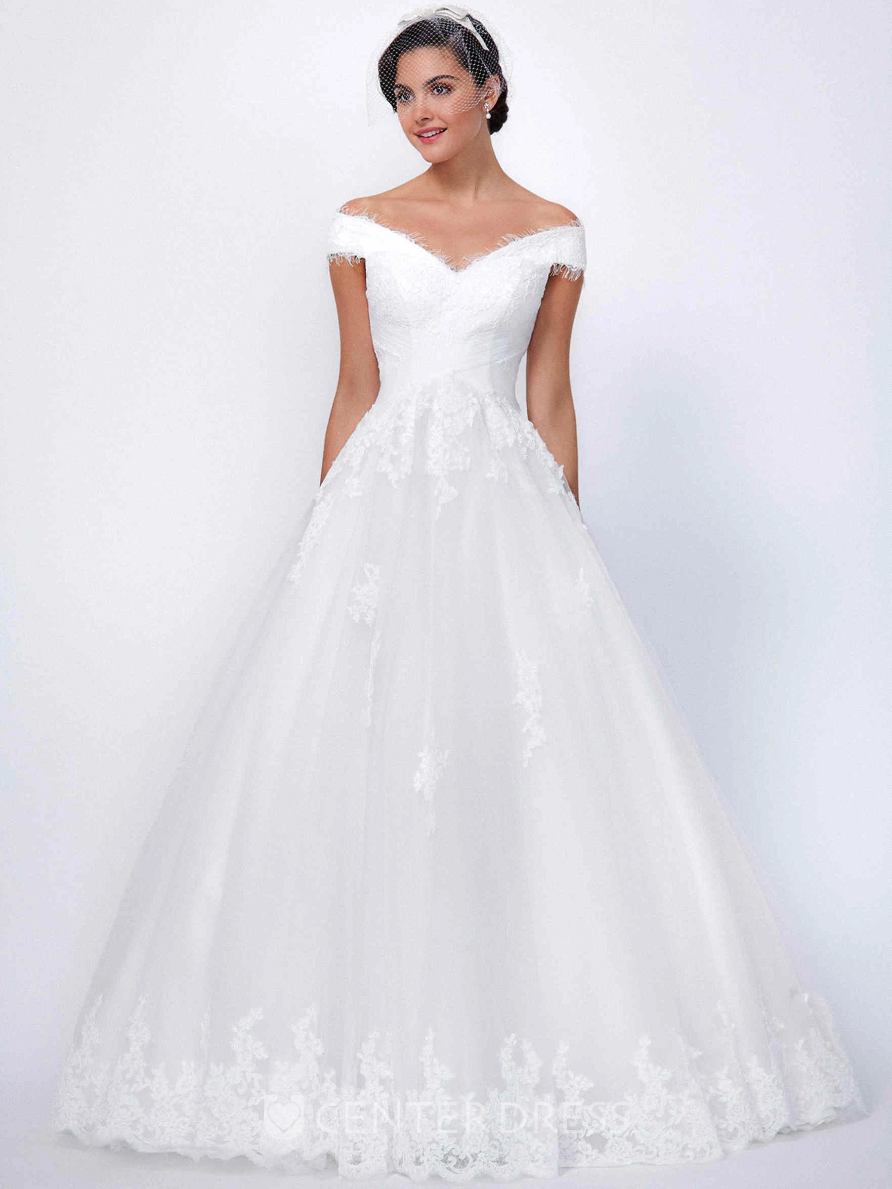 Ball Gown Long V-Neck Tulle&Lace Wedding Dress With Appliques And Corset Back