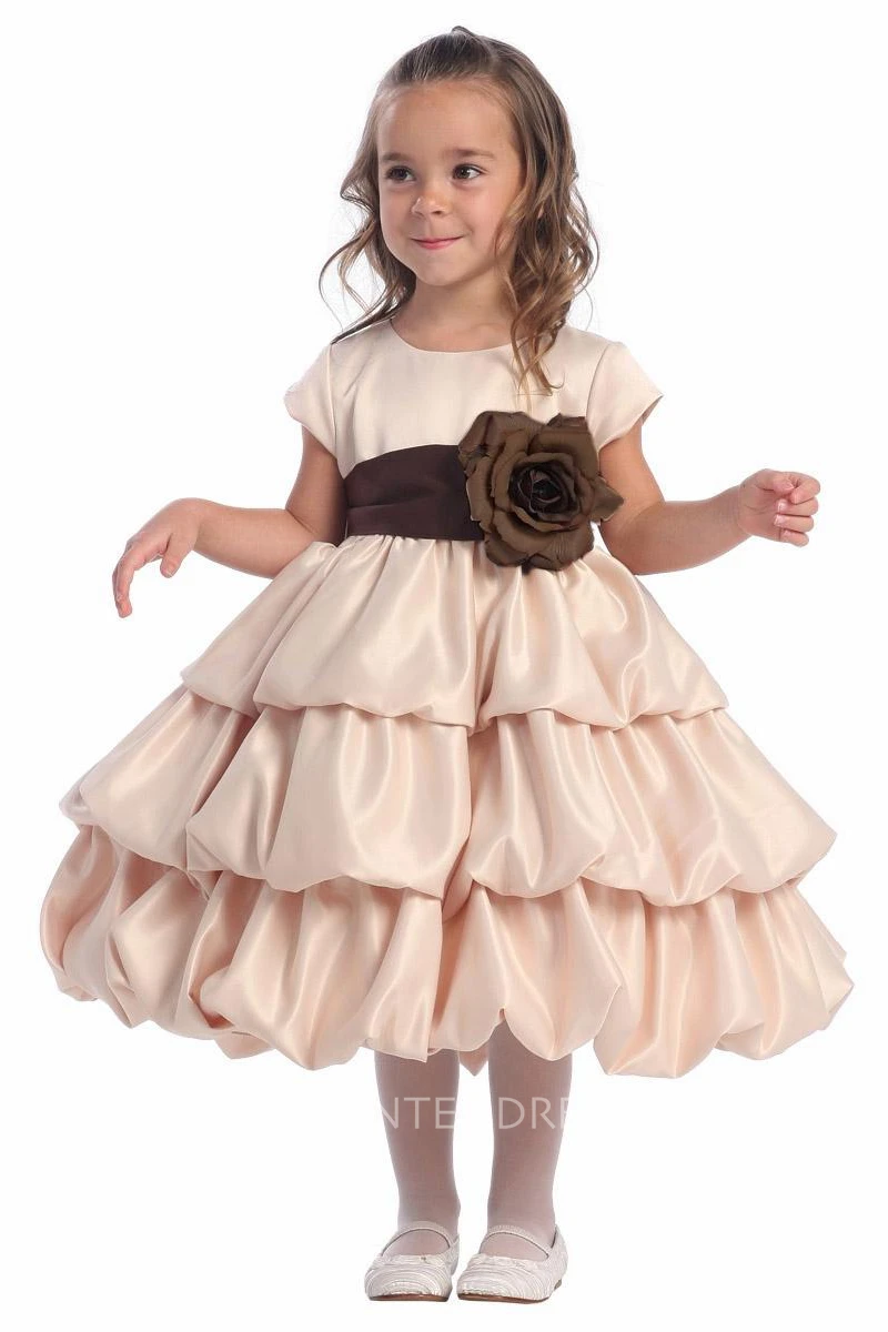 Tea-Length Tiered Cap-Sleeve Satin Flower Girl Dress
