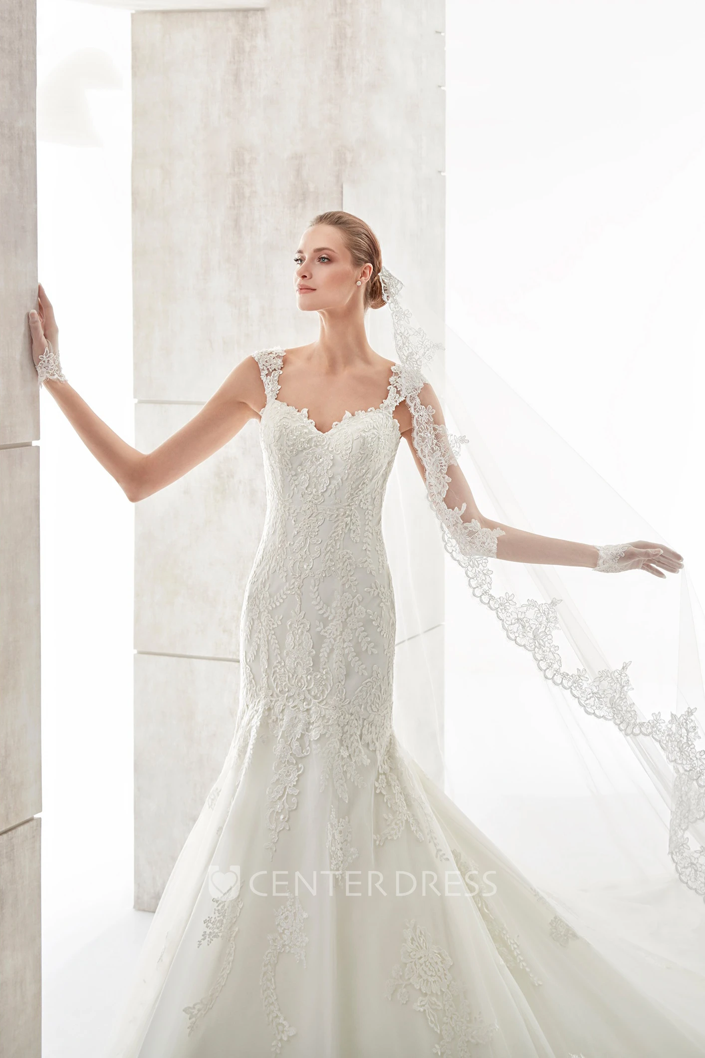 Square-Neck Court-Train Mermaid Wedding Dress With Illusive Lace Straps And Back