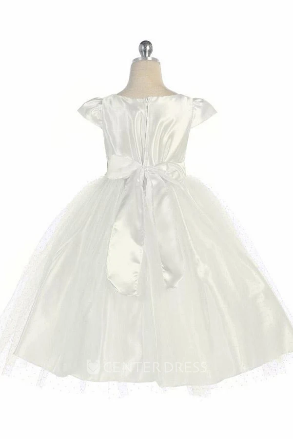Tea-Length Cap-Sleeve Beaded Tulle&Satin Flower Girl Dress
