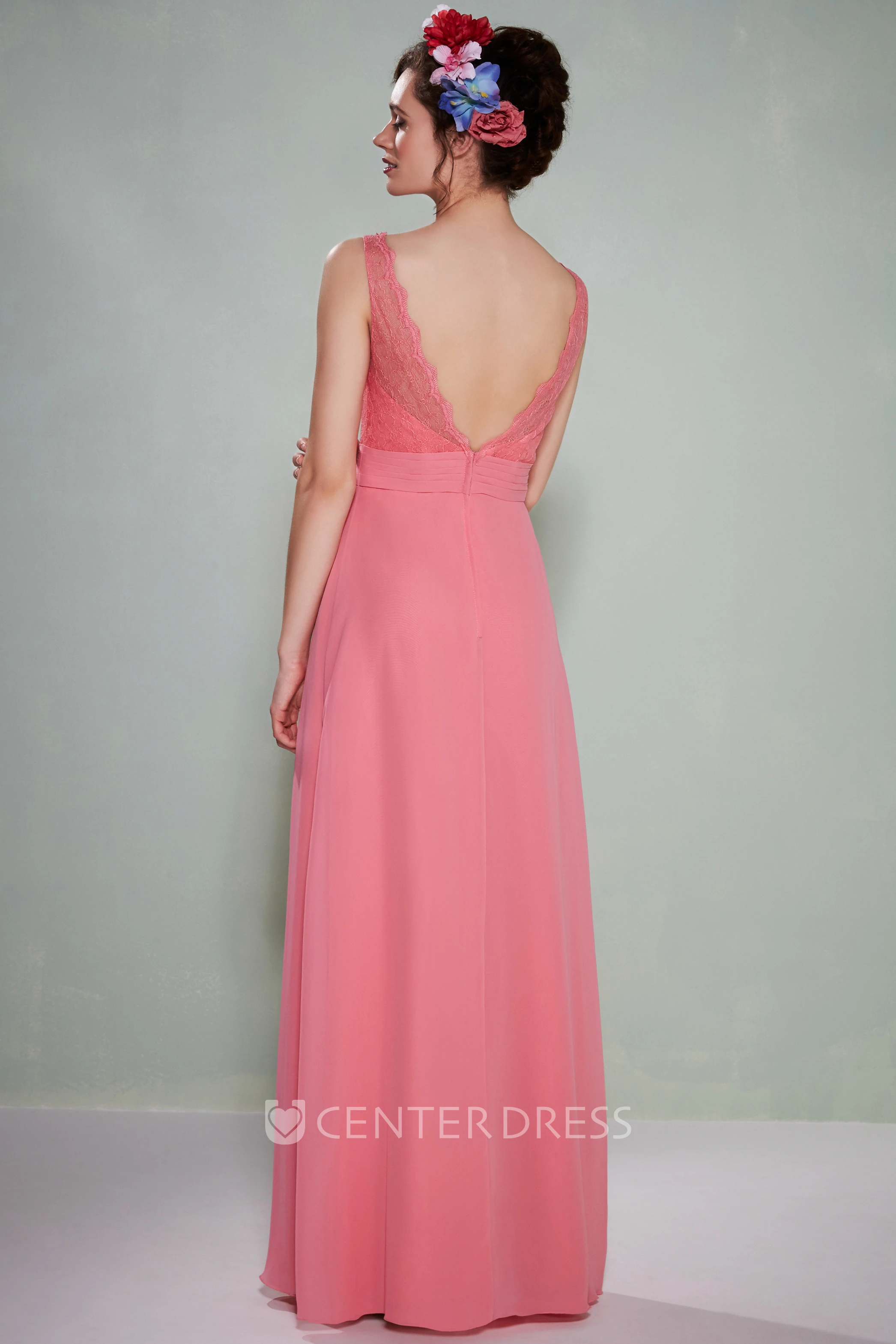 Sheath Floor-Length Lace Sleeveless V-Neck Chiffon Bridesmaid Dress With Low-V Back