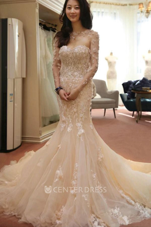 Mermaid Trumpet Sweetheart Lace Tulle Zipper Wedding Gown