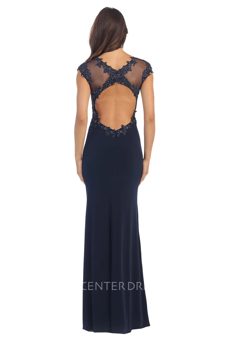 Sheath Jewel-Neck Cap-Sleeve Jersey Keyhole Dress With Split Front And Appliques