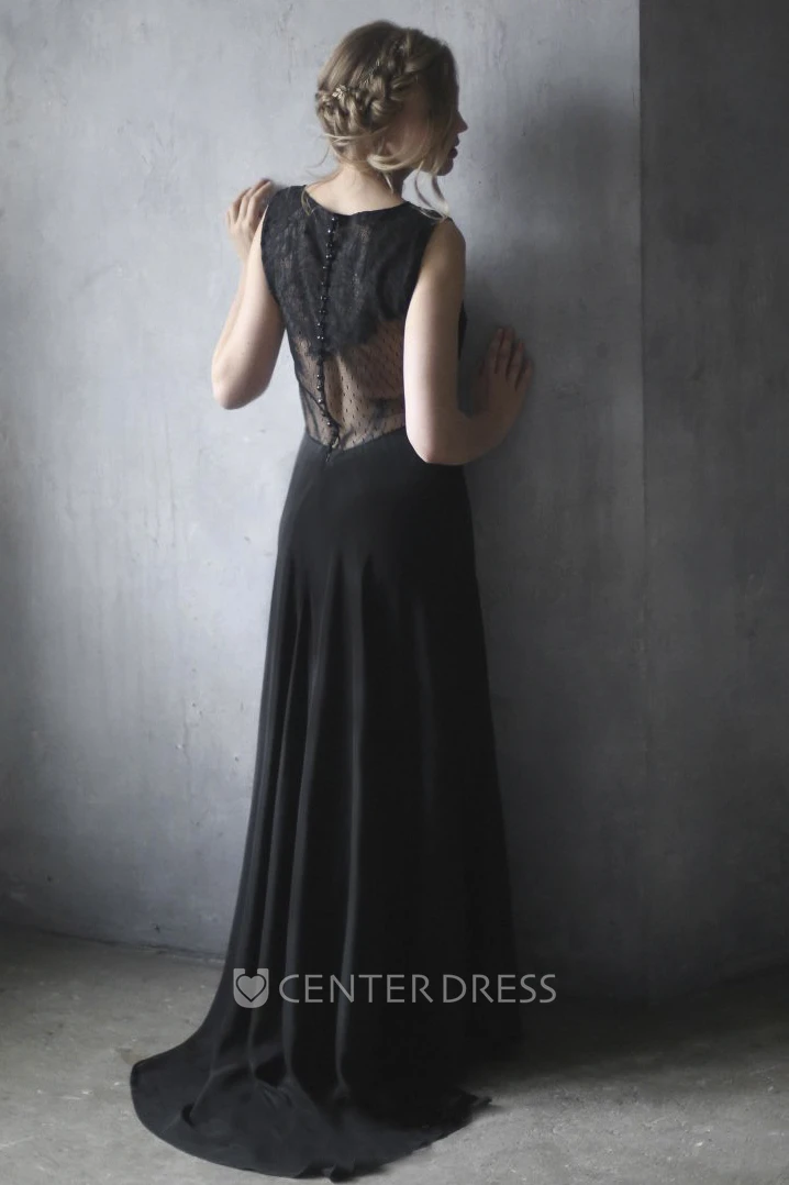 Elegant Sheath Illusion Back Sleeveless Chiffon Lace Wedding Gown With Buttons
