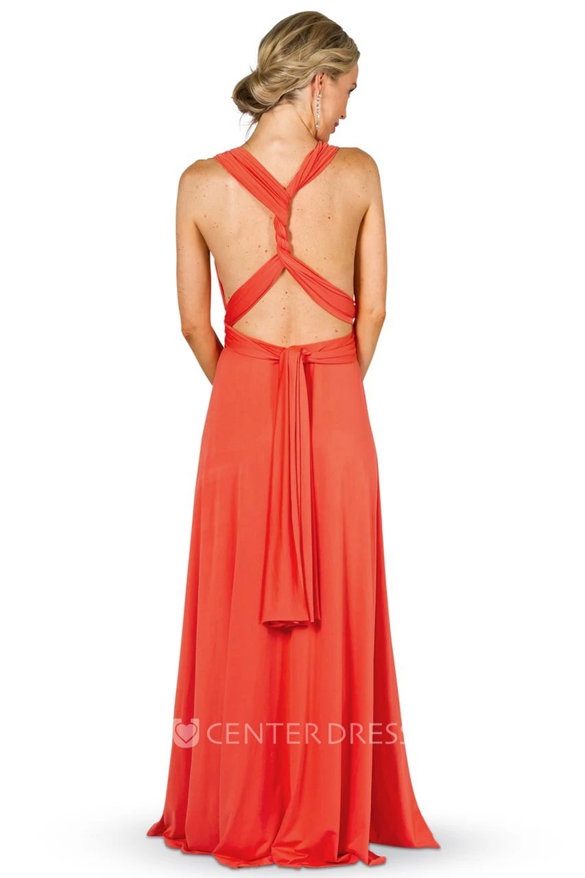 Maxi Ruched Sleeveless V-Neck Chiffon Convertible Bridesmaid Dress With Straps
