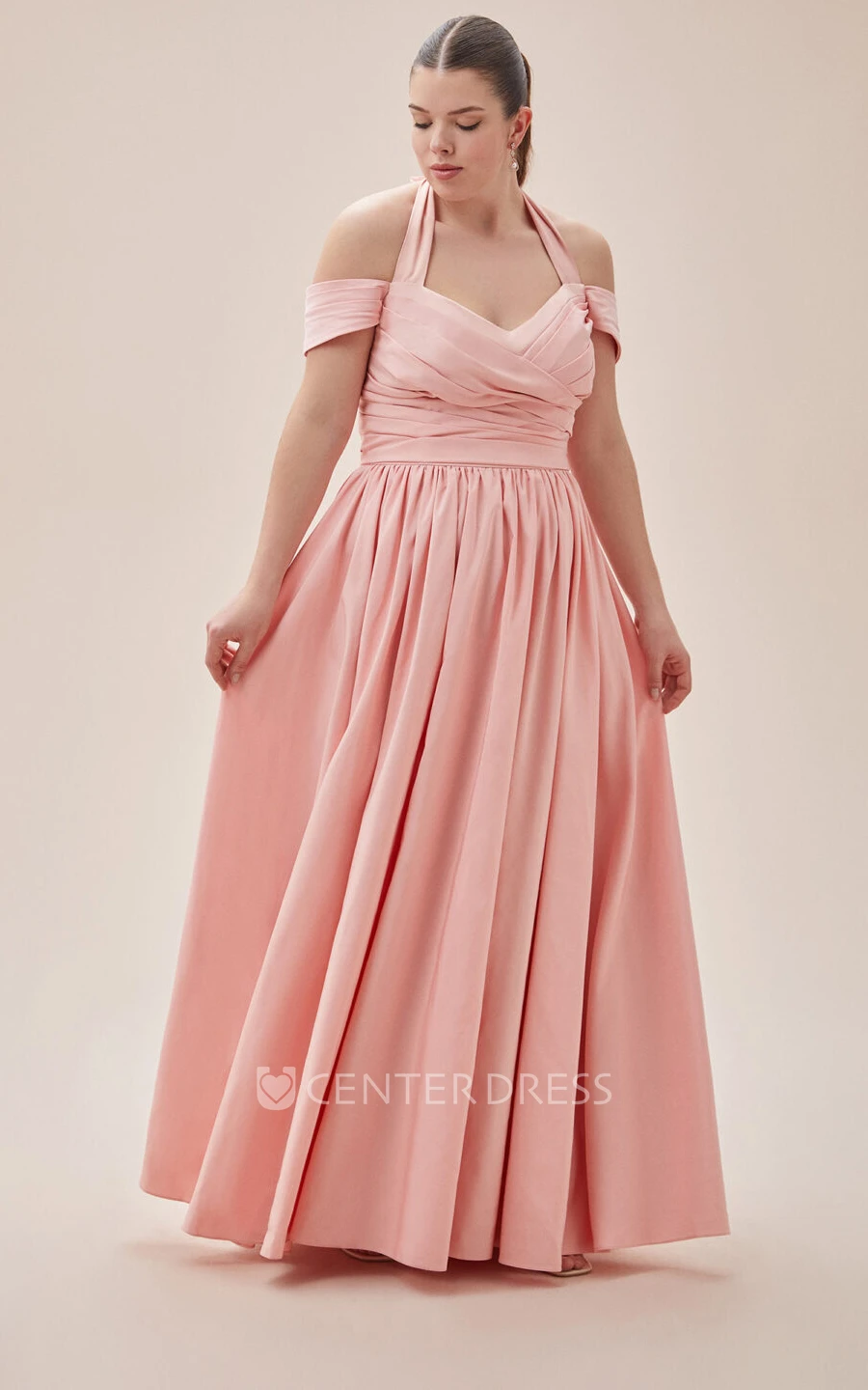 Elegant Off-the-shoulder A Line Floor-length Short Sleeve Taffeta Evening Dress with Pockets