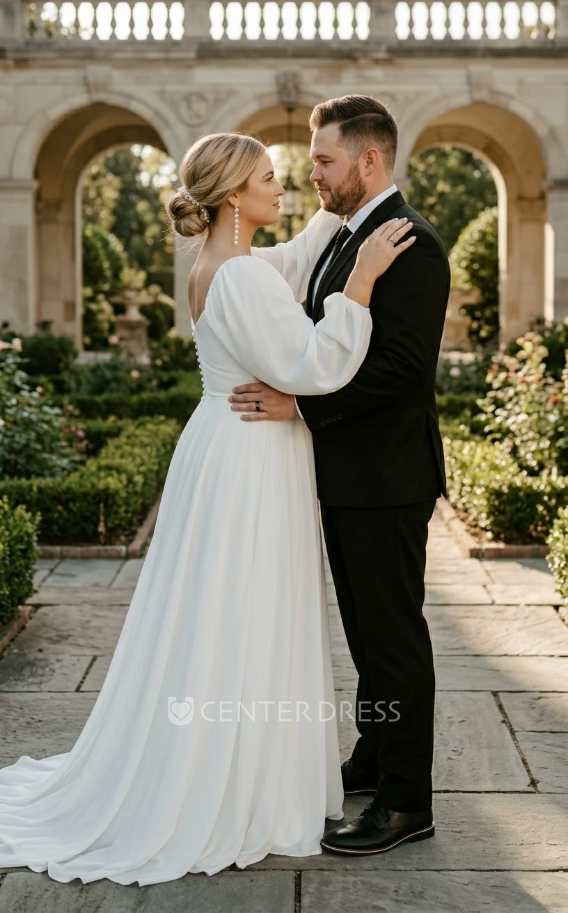 Modest Romantic A-Line Plus Size Spring Wedding Dress with Long Sleeve Simple Casual Charming Low Cut Square Neck Chiffon Train Bridal Gown