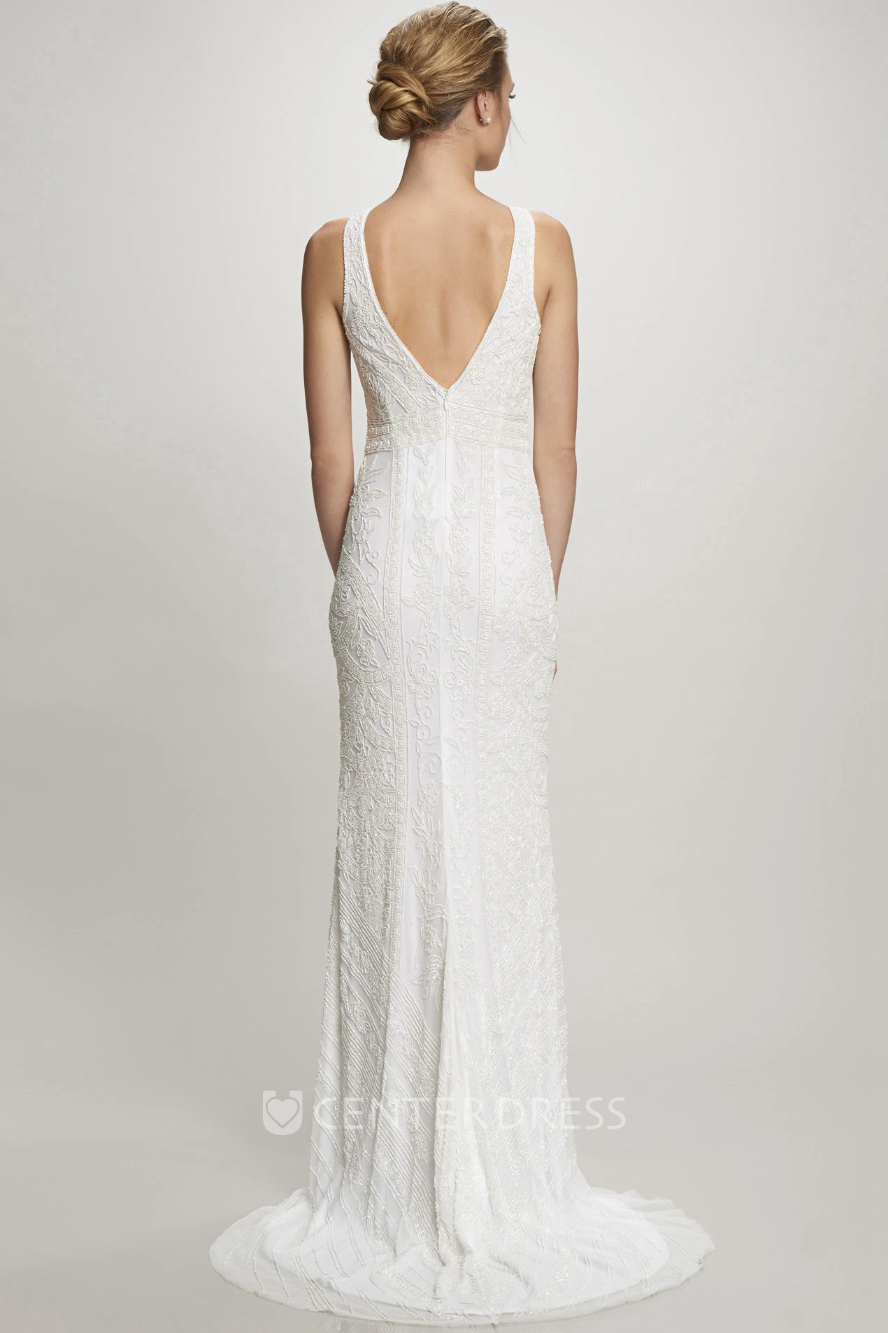 Floor-Length Jewel Lace Wedding Dress With Brush Train And V Back