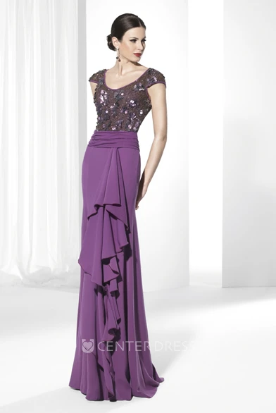 Sheath Maxi V-Neck Cap-Sleeve Sequined Jersey Prom Dress With Beading